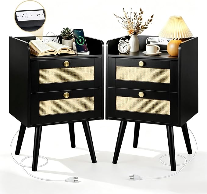Rattan Nightstands Set of 2, Boho Bedside Table by Unknown