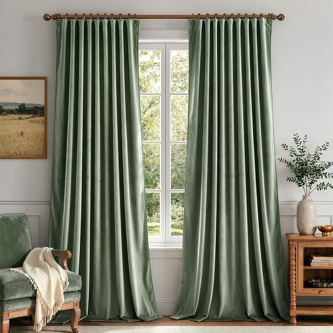 MIULEE Sage Green Velvet Pinch Pleat Blackout Curtains W52 X L108 Inches | 2 - Image 7