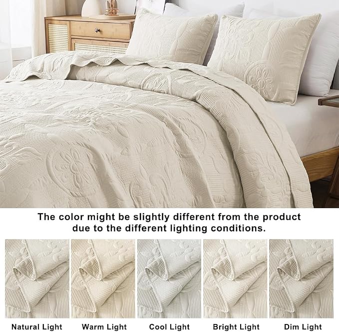Light Beige Damask Quilt California Cal King Size Bedding Sets - Image 8