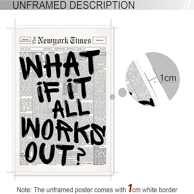Retro Black And White Newspaper Poster What If It All Works Out Canvas Wall Art - Image 3