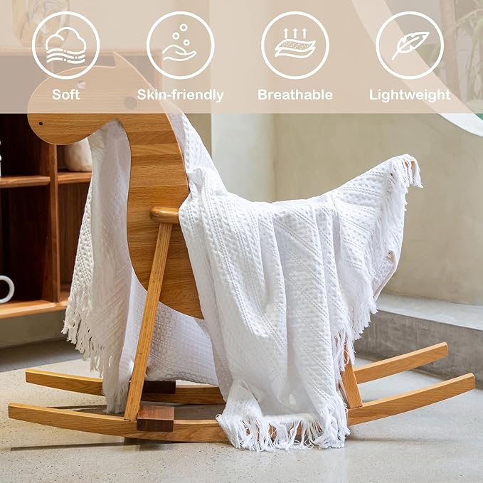 100% Cotton Waffle Blanket with Fringe, Pre-Washed Waffle Weave Blanket for All Season, Lightweight Breathable Soft Cozy Throw Blanket for Couch, Bed, Travel (White - 50x60 Inches)