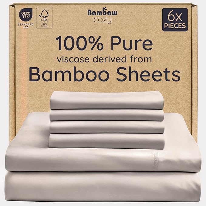 Bambaw 100% Viscose Derived from Bamboo Sheets Queen Size Set – 6pcs Cooling Queen Sheet Set, Deep Pocket Fits Up to 16'' with Elastic Corner Straps, Soft Sheets (Sand)
