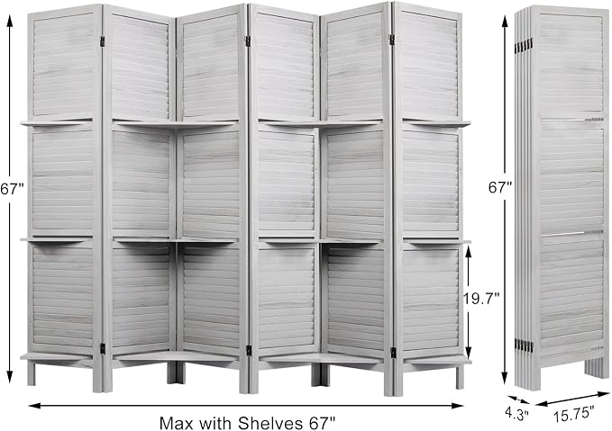 Room Divider with Shelves, 6 Panel Grey Privacy Screen | Partition Room - Image 3