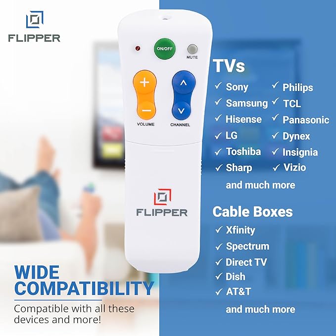 Flipper Big Button Universal TV Remote for Seniors, Dementia - Works Both TV Only or TV & Cable (STB) Set Up - Favorites, IR Devices Spectrum, Xfinity, Samsung, Vizio, LG [Does not Work Streaming]