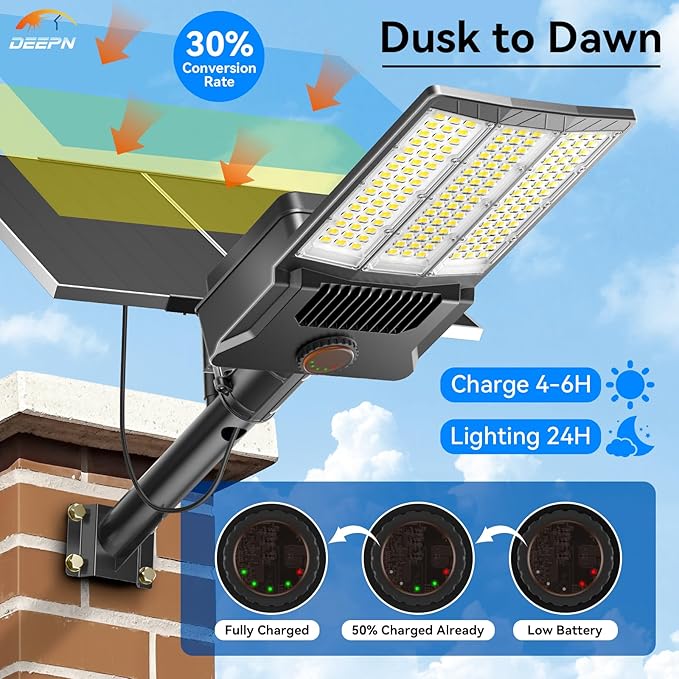 Deepn Solar Street Light 12000W Aluminum Commercial Grade Solar Parking Lot Lights with Motion Sensor & Dusk to Dawn IP67 Waterproof Heavy Duty Security Flood Lights for Street, Yard, SZ4000, 1Pack