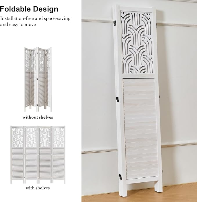Svimi Folding Room Divider, 66.9 Inch 4 Panels Wood Carved Privacy Screens - Image 3
