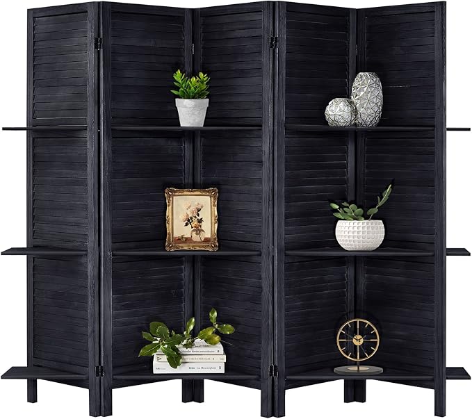 Room Divider with Shelves, 5 Panel Black Privacy Screen | Partition Room - Image 8