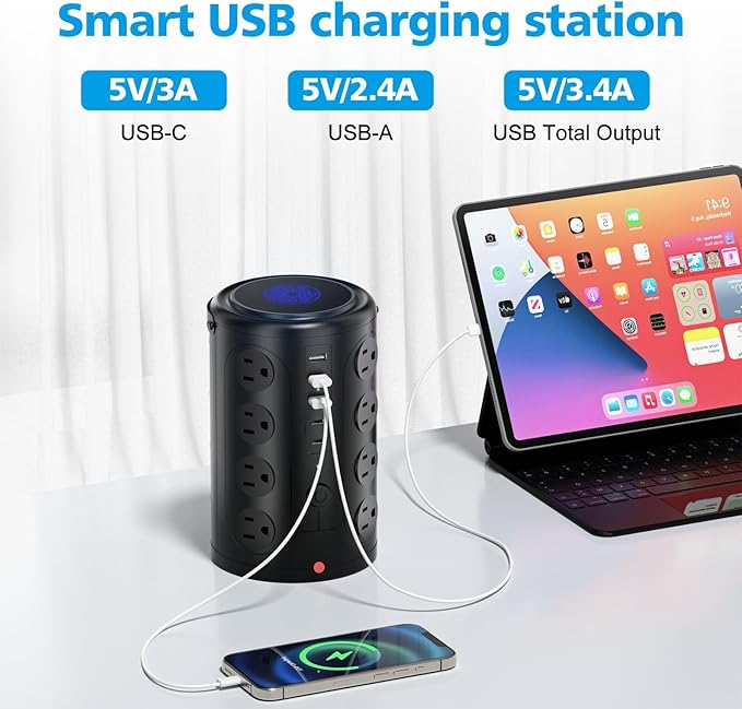 Power Strip Surge Protector Tower with 16 Outlets and 5 USB Ports (2 USB-C), 10ft Extension Cord, 45° Flat Plug, Charging Station for Home, Office, Dorm Room Essentials (Black)
