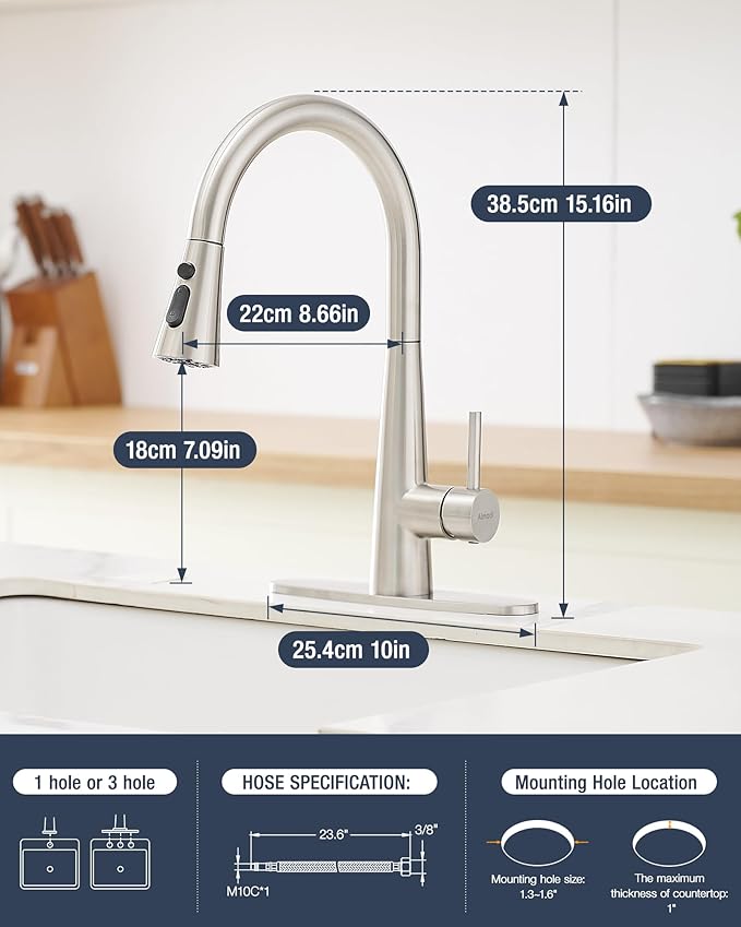 AIMADI Kitchen Faucet with Pull Down Sprayer – High Arc 360° Swivel Brushed Nickel Stainless Steel Kitchen Sink Faucet, 3-Mode Spray Head, Suitable for Farmhouse Modern Laundry Rv Bar