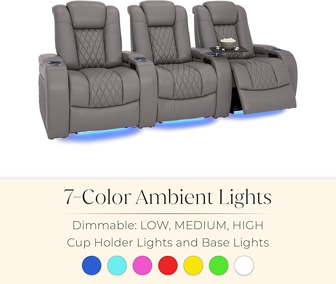 Seatcraft Diamante Zero-Gravity CoolZero Italian Leather Home Theater Seating, Power Headrest, Power Recline, Row of 5 Left Loveseat, Gray