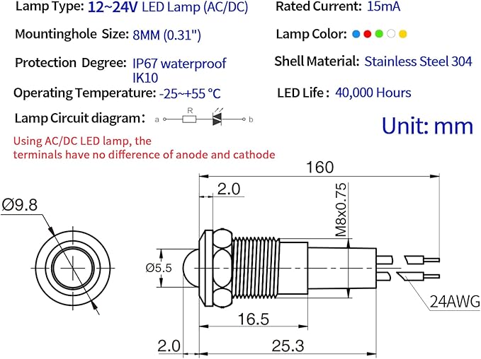 ZGSZJHF UL Listed Mini Indicator Light 8mm 0.31" Waterproof Domed Metal Stainless Steel Signal Lamp 12V-24V DC/AC Red and Green LED Light with 140mm Wire