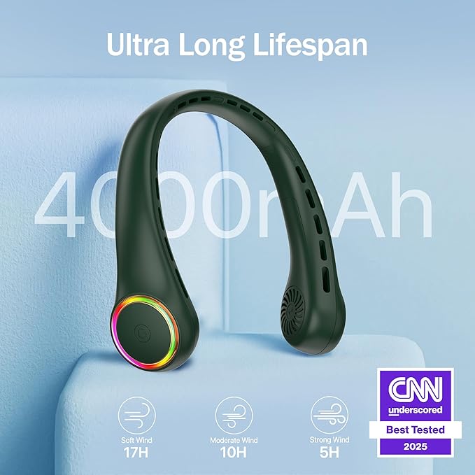 Neck fan, Portable Fan with 5-17H Lifespan, 4000mAh Neck fan air conditioner with 3 Adjustable Speeds and 64 Cool Lights, Rechargeable Neck Fan, Hands-Free Cooling fan for Summer (Dark Green)