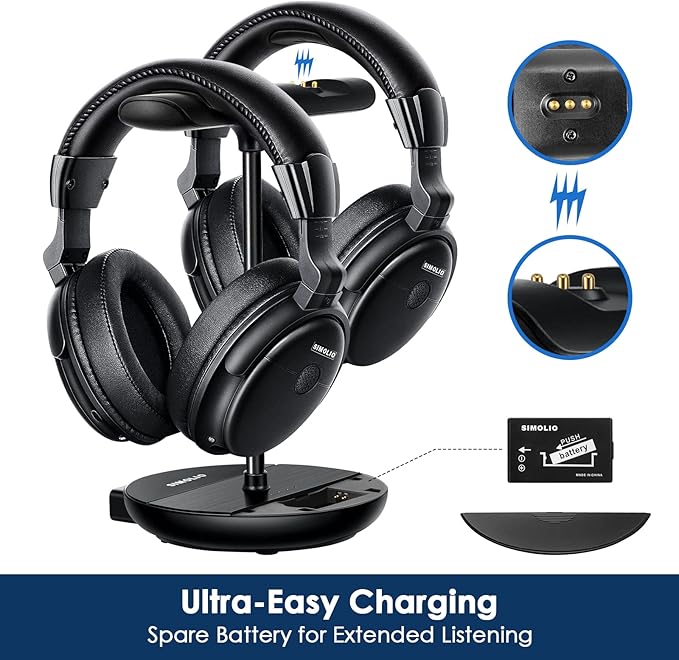 SIMOLIO Dual Wireless Headphones for TV Watching w/ 2.4G Transmitter & Charging Stand & Spare Battery, Dialog Clarifying, by-Pass, Tone & Balance Control, Clear Voice for Seniors, Long Range, SM829D2