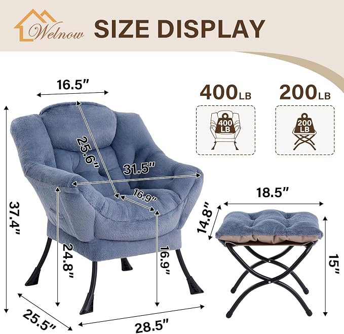 Welnow Lazy Chair with Ottoman, Reading Chair with Footrest, Plush Light Blue | - Image 3