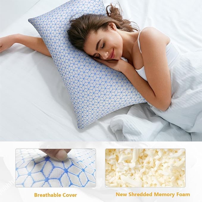 Bed Pillow Queen Size 1 Pack, Shredded Memory Foam Pillow Adjustable，Cooling Pillow Soft and Supportive for Side Back Stomach Sleepers