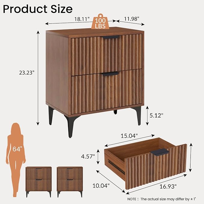 Walnut Fluted Nightstand Set of 2, Modern Night Stands - Image 3
