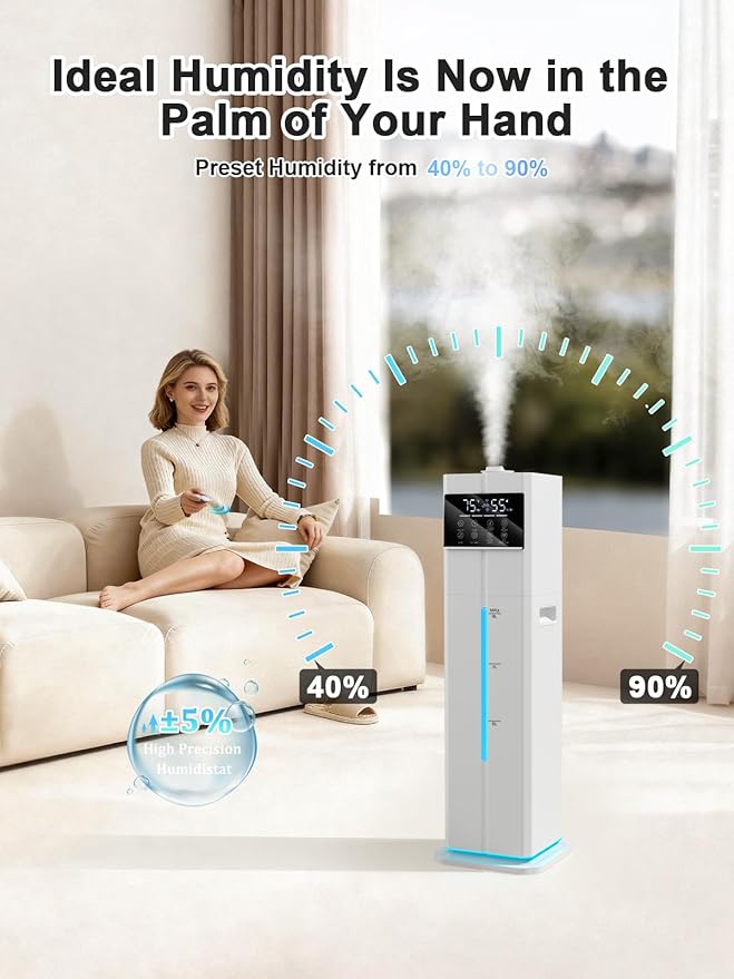 Zeova 9L/2.4Gal Smart Cool Mist Humidifier, Top Fill Quiet Humidifier Large Room, Covers 550ft², App & Remote Control, 60H Runtime, 7 Colors Light, 4 Mist Modes Humidifiers for Bedroom, Office, White