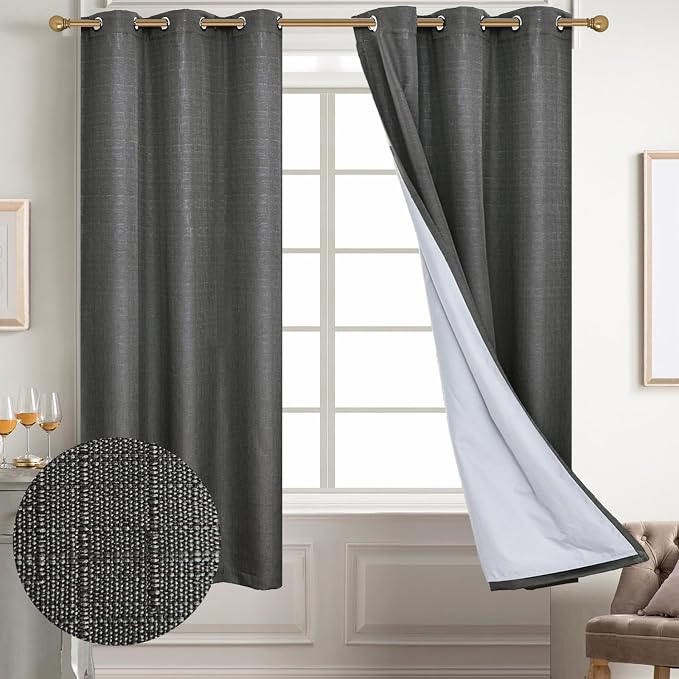 Diraysid 100% Blackout Curtains Dark Grey Linen Curtains - Image 2