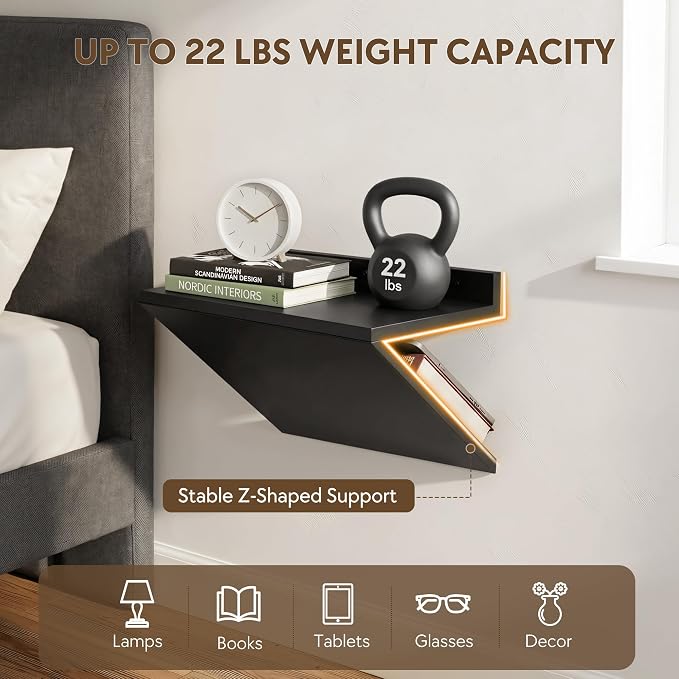 Floating Nightstand Set of 2 Black Wood Bedside Table Wall Mounted | Z-Shape - Image 5