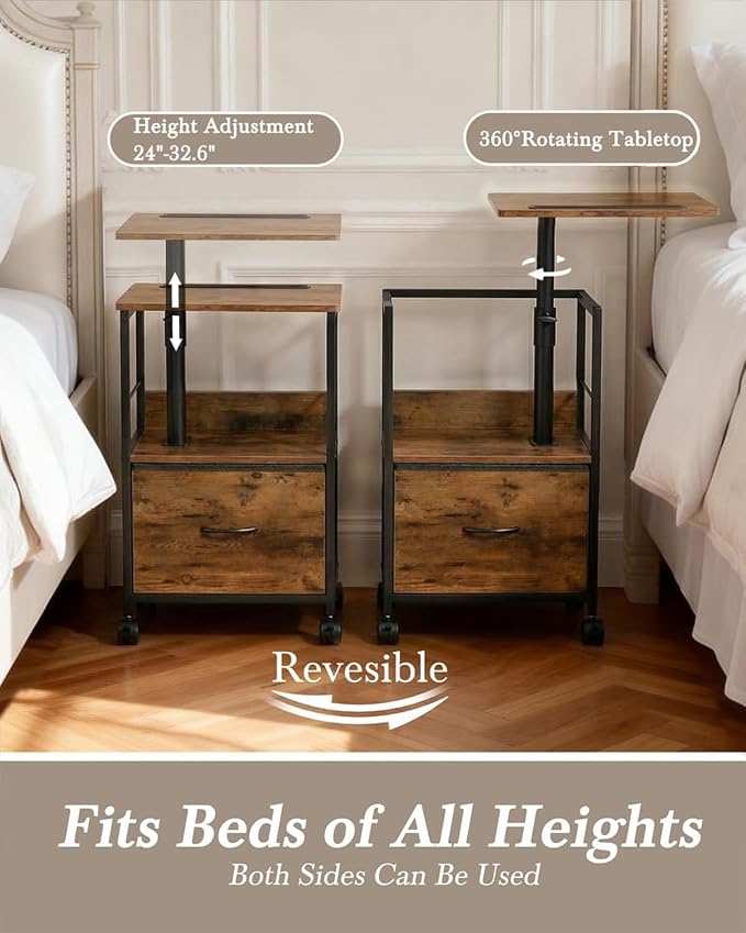 Faesun Swivel Lift Top Nightstand, Rolling Side Table - Image 4