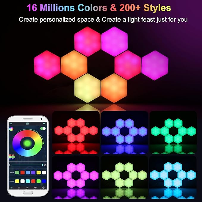 Vcwtty Hexagon Lights Wall Panels, Smart LED Wall Lights with APP, DIY Modular Assembled Music Sync RGB Gaming, Hex Light with USB-Power for Autism, Game Room Decor, Party (6-Pack)