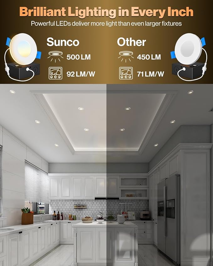 Sunco 3 Inch LED Recessed Slim Down Light for Indoor Ceiling Fixture Home Living Room Bedroom, 6W 500 Lumens, Selectable CCT 2700K/3000K/4000K/5000K/6000K, 0-10V Dimmable, AC120V 4 Pack.