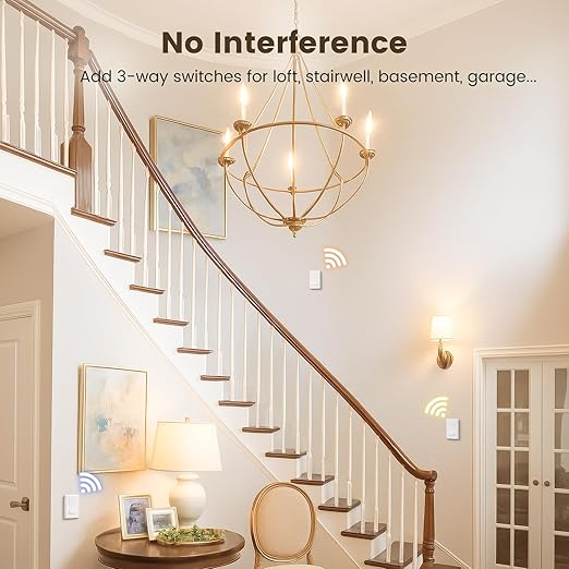 SURAIELEC 3 Way Wireless Light Switch and Receiver Kit, RF 100Ft, No WiFi, No Interference, Expandable 15AMP Remote Control Wall Switches for Ceiling Lighting, Lamp, Fan (Neutral Wire Required)