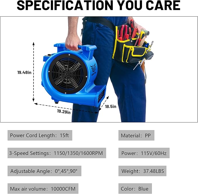 BSMTEK Air Mover Blower Fan, Industrial 1.5HP MAX10000CFM Monster Floor Blower Carpet Dryers - 3 Speeds, 4 Adjustable Angles, 15FT Long Cord, Stackable - 2026 Upgraded