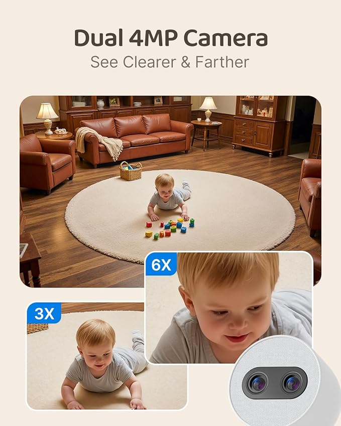 Simsky Split Screen Video Baby Monitor with Cameras, Dual 4MP Cameras with 6X Zoom, 7" UHD Touch Screen Portable Audio Baby Monitor 32GB Local Storage