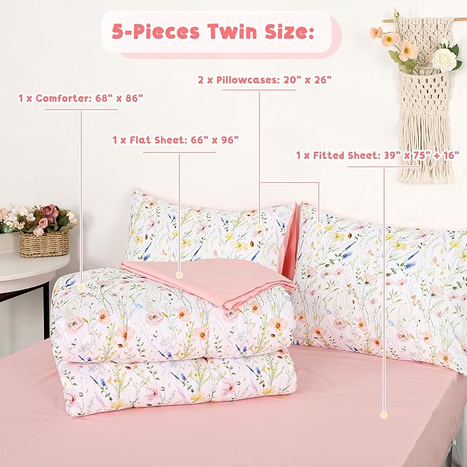 Twin Size Toddler Bedding Set for Girls- 5 Piece Toddler Girl Bedding, Super Soft & Lightweight Toddler Comforter Set Includes Comforter, Flat Sheet, Fitted Sheet, Pillowcase (Pink Flowers)