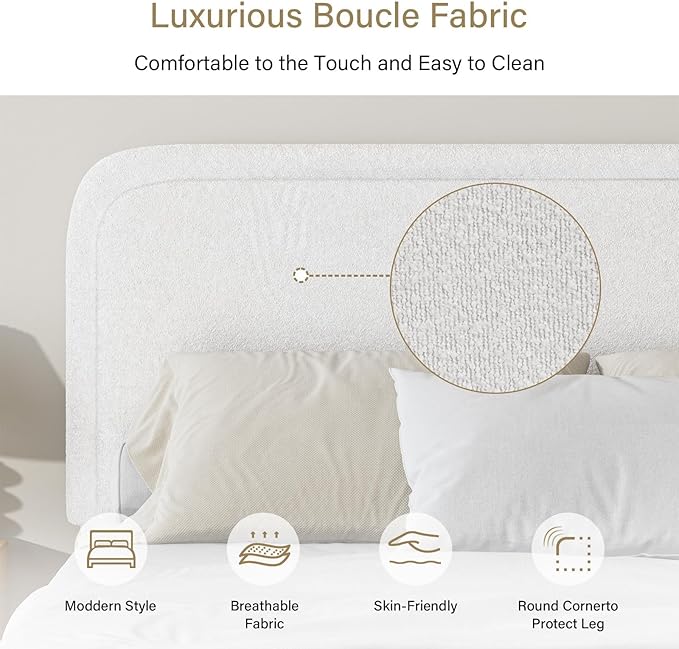 BarnFurin Queen Bed Frame with Headboard, Boucle Upholstered Platform Bed Frame, Luxurious Soft Rounded Corners, No Box Spring Required, Easy Assembly, White