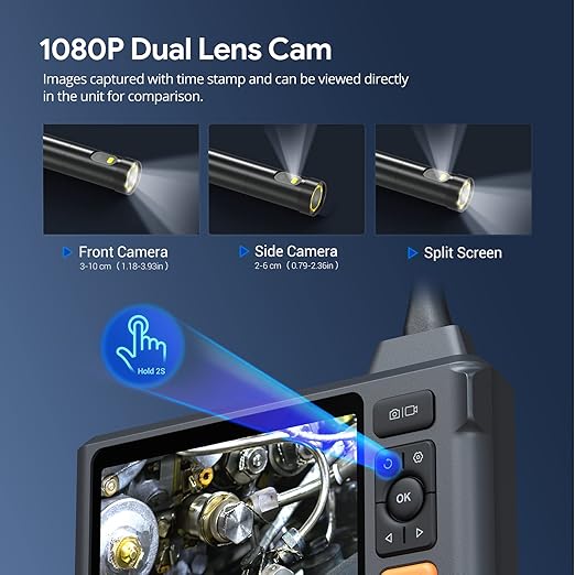 DEPSTECH Industrial Borescope Tool & 5" IPS Screen, 1080P Dual Lens Endoscope Camera with Lights, Split Screen, IP67 Waterproof Sewer Inspection Camera, 16.5ft Semi-Rigid Snake Cable, Mechanic Gadget