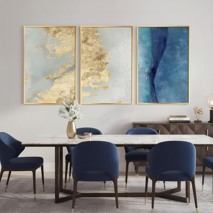 Large Framed Abstract Wall Art for Living Room, Luxury Modern 3 Piece Blue and - Image 2