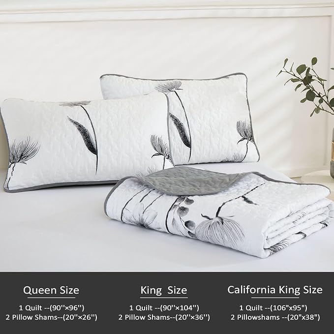 Dinjoy King Quilt Set, 3 Pieces Grey Boho Bedspreads, Fall Flower Bedding | - Image 6