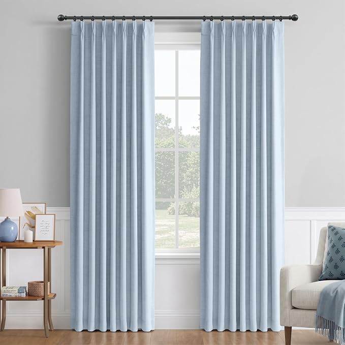 Pinch Pleated Full Blackout Faux Linen Curtains 102 Inches Long | Chambray Blue by 100BlackoutShield