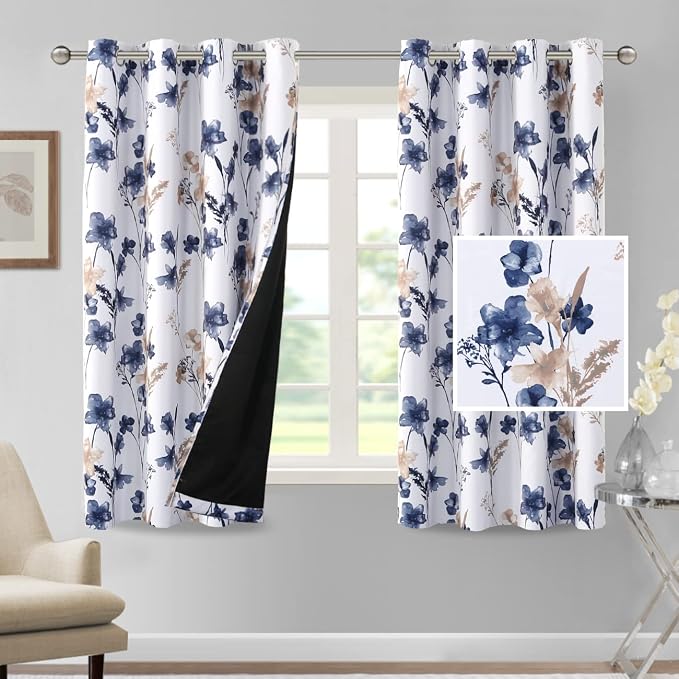 H.VERSAILTEX 100% Blackout Curtains 63 inch Length 2 Panels Set Cattleya Floral by HVERSAILTEX