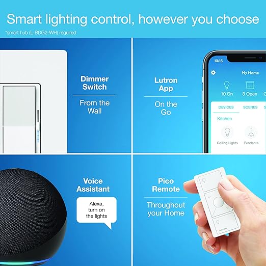 Lutron Diva Smart Dimmer Light Switch with Wallplate for Caseta Lighting (Lutron Smart Hub Required), for LED Lights, 150W, Single-Pole/3-Way, No Neutral, White (DVRFW-6L-WH-A)