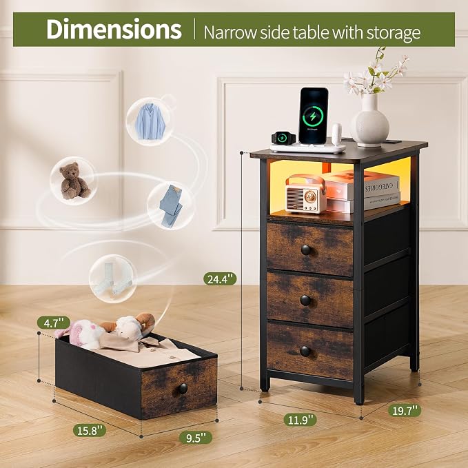 Yoobure End Table with Charging Station, LED Narrow Side Table Bedside Table - Image 2