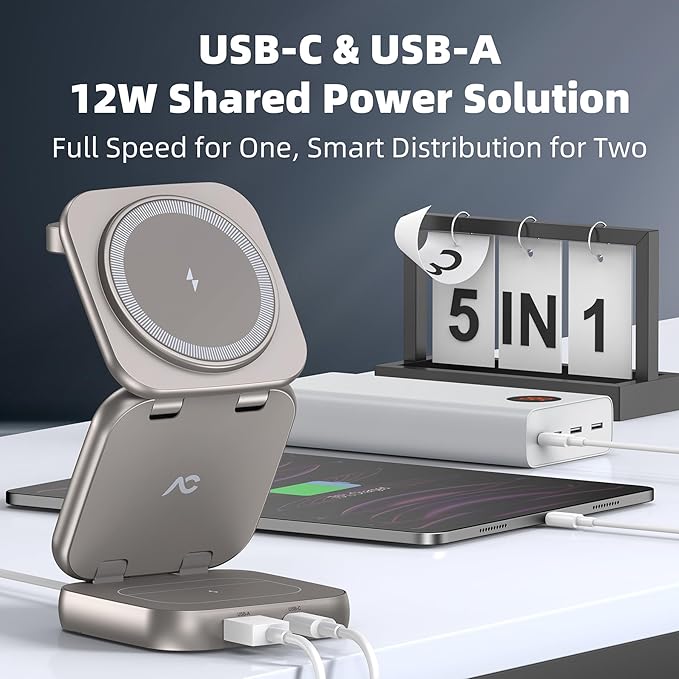 5-in-1 Wireless Charger for MagSafe, AC ISLAND Portable Travel Charging Station, 35W Max Fast Foldable Magnetic Stand, Evolved for iPhone 17-12 & Air Series, Apple Watch, AirPods (with 35W Adapter)