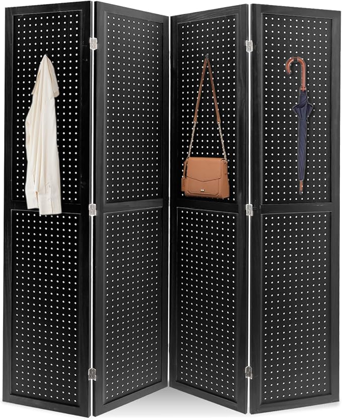 4 Panel Pegboard Room Divider | Black Wood Folding Privacy Screen by Unknown