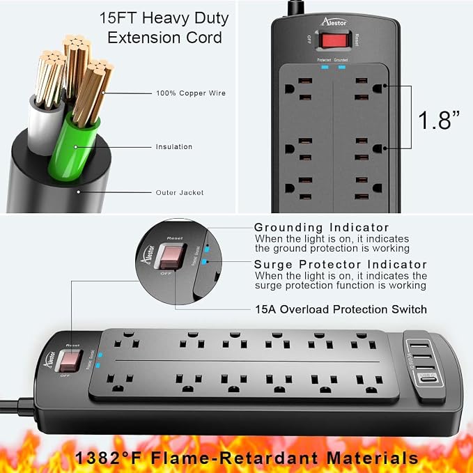 ALESTOR 15 Ft Surge Protector Power Strip - Image 6