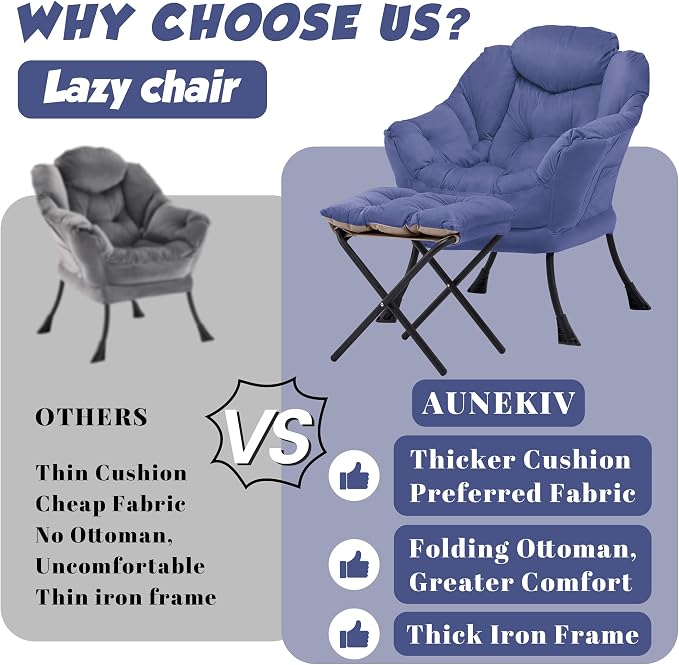 Lazy Chair with Ottoman, Comfy Reading Chair, Dark Blue | Cushioned Seat with - Image 4