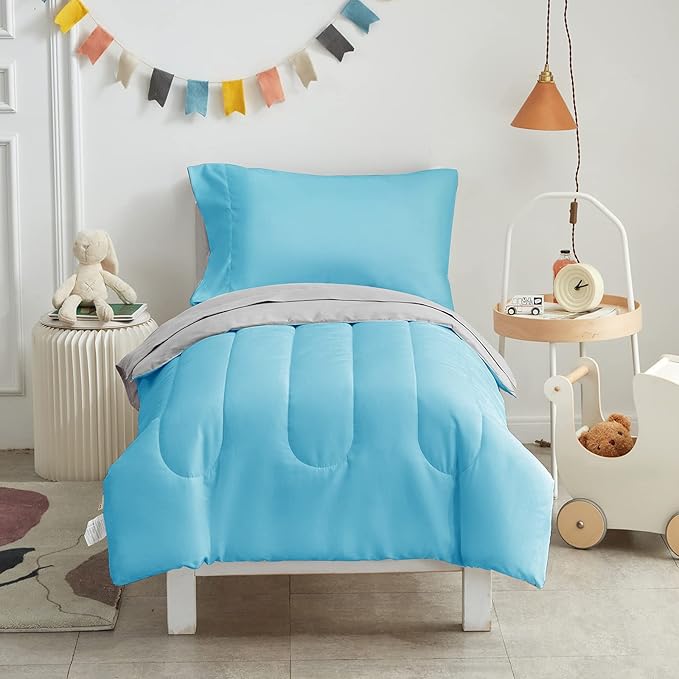UOZZI BEDDING 4 Pieces Toddler Bedding Set Ultra Soft and Breathable Toddler Sheet Set - Includes Comforter, Flat Sheet, Fitted Sheet and Pillowcase - Blue & Gray