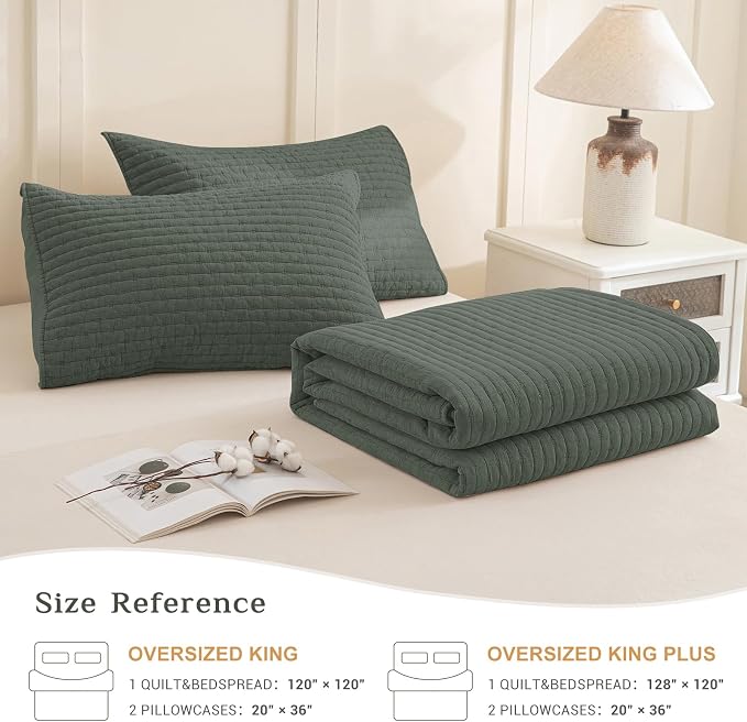 CozyTide Oversized King Quilt 128"x120", Stone-Washed Cotton Dark Green - Image 7