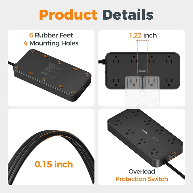 TESSAN Power Strip Surge Protector, 15FT Flat Plug Extension Cord | 8 Outlets 3 - Image 7