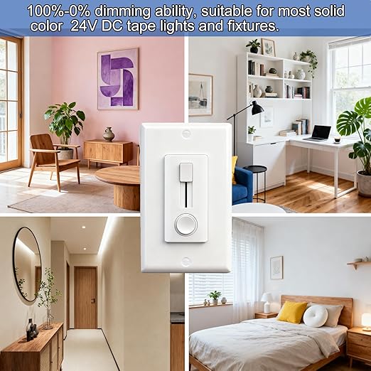 Dimmer Switch and LED Driver Single Integrated Unit, 120V AC to 24V DC, 60Watt Wall Dimmer Switch, Driver and dimmer Switch 2 in 1, for Most Single Color 24V LED Strip Light, 1 Pack