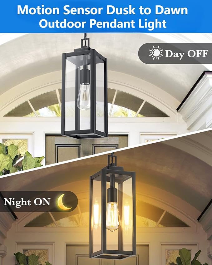 MYHXQ 15'' Large Motion Sensor Outdoor Pendant Lights, Dusk to Dawn Modern Outside Chandelier Outdoor Hanging Lantern with Clear Glass, Exterior Pendant Lighting Fixture for Porch, Yard, Black, 1Pack