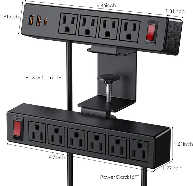 Dual Layer Desk Clamp Power Strip Surge Protector, Under Desk Power Strip with 10AC Outlets & 3 USB(20W USB-C), Desktop Edge Mount Charging Station, 15 Ft Extension Cord for Office Home (ETL Listed)