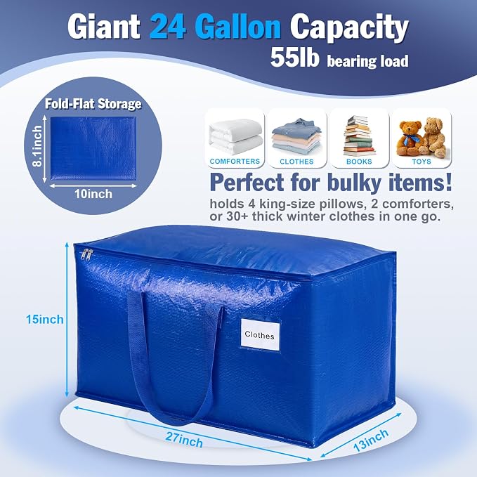 KYODOLED 8 Pack Blue Moving Bags, 24 Gal Large Storage Totes - Image 2