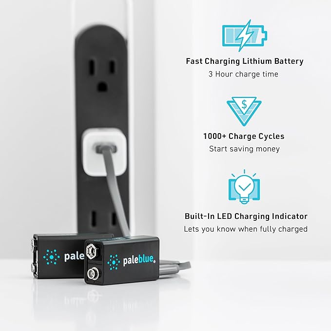 paleblue USB Rechargeable 9V Batteries (2-Pack) - 4500mWh Lithium Ion, 1000+ Charge Cycles, Includes 2-in-1 USB-A to USB-C Charging Cable, LED Charge Indicator, 3.4 Hour Charge Time